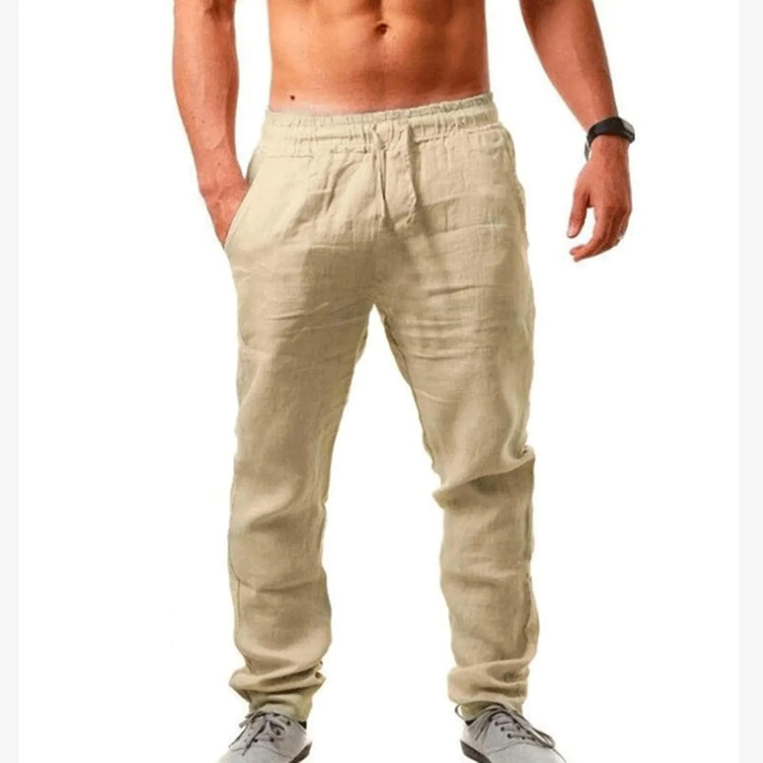 Linen Pants Men Casual Elastic Waist Pants Lightweight Summer Beach Pants Drawstring Trousers Lounge Yoga Pants