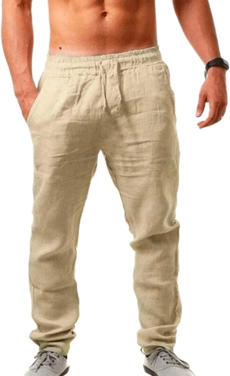 Linen Pants Men Casual Elastic Waist Pants Lightweight Summer Beach Pants Drawstring Trousers Lounge Yoga Pants