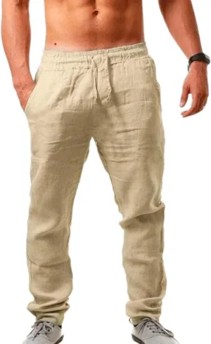 Linen Pants Men Casual Elastic Waist Pants Lightweight Summer Beach Pants Drawstring Trousers Lounge Yoga Pants