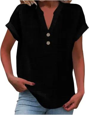 Linen Shirts for Women 2025 Summer Casual Button Down V Neck Short Sleeve Tops Comfy Trendy Business Work Blouses