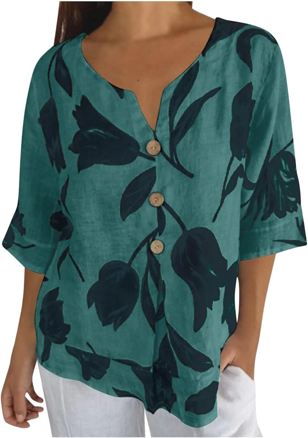 Linen Shirts for Women Button V Neck 3/4 Sleeve Cotton Linen Shirt Blouse Floral Loose Summer Vacation Beach Tee Top