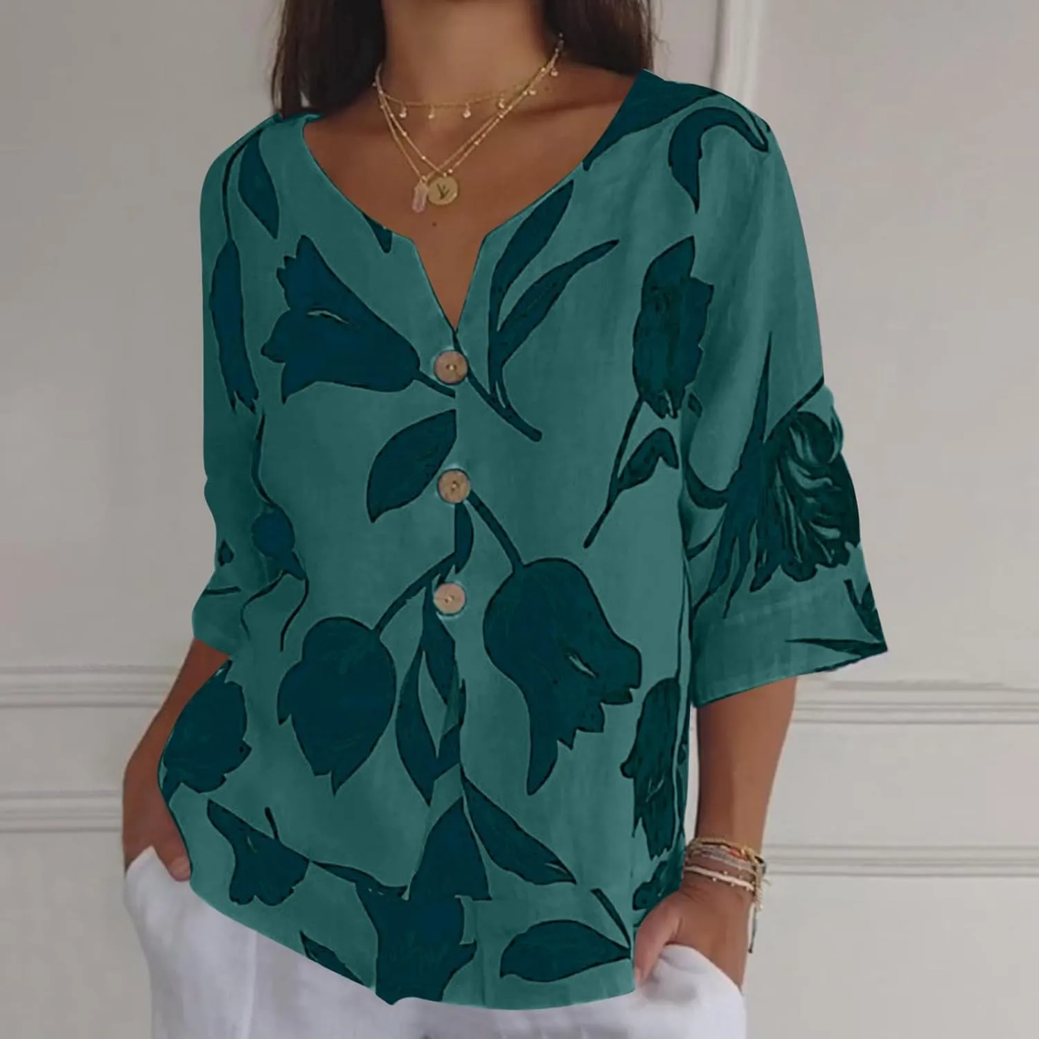 Linen Shirts for Women Button V Neck 3/4 Sleeve Cotton Linen Shirt Blouse Floral Loose Summer Vacation Beach Tee Top