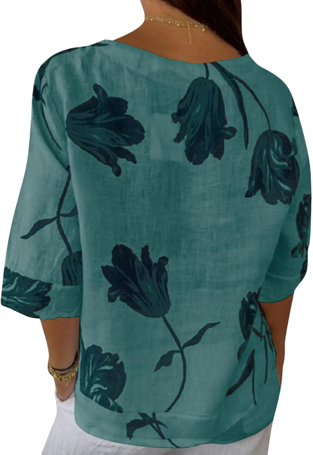 Linen Shirts for Women Button V Neck 3/4 Sleeve Cotton Linen Shirt Blouse Floral Loose Summer Vacation Beach Tee Top
