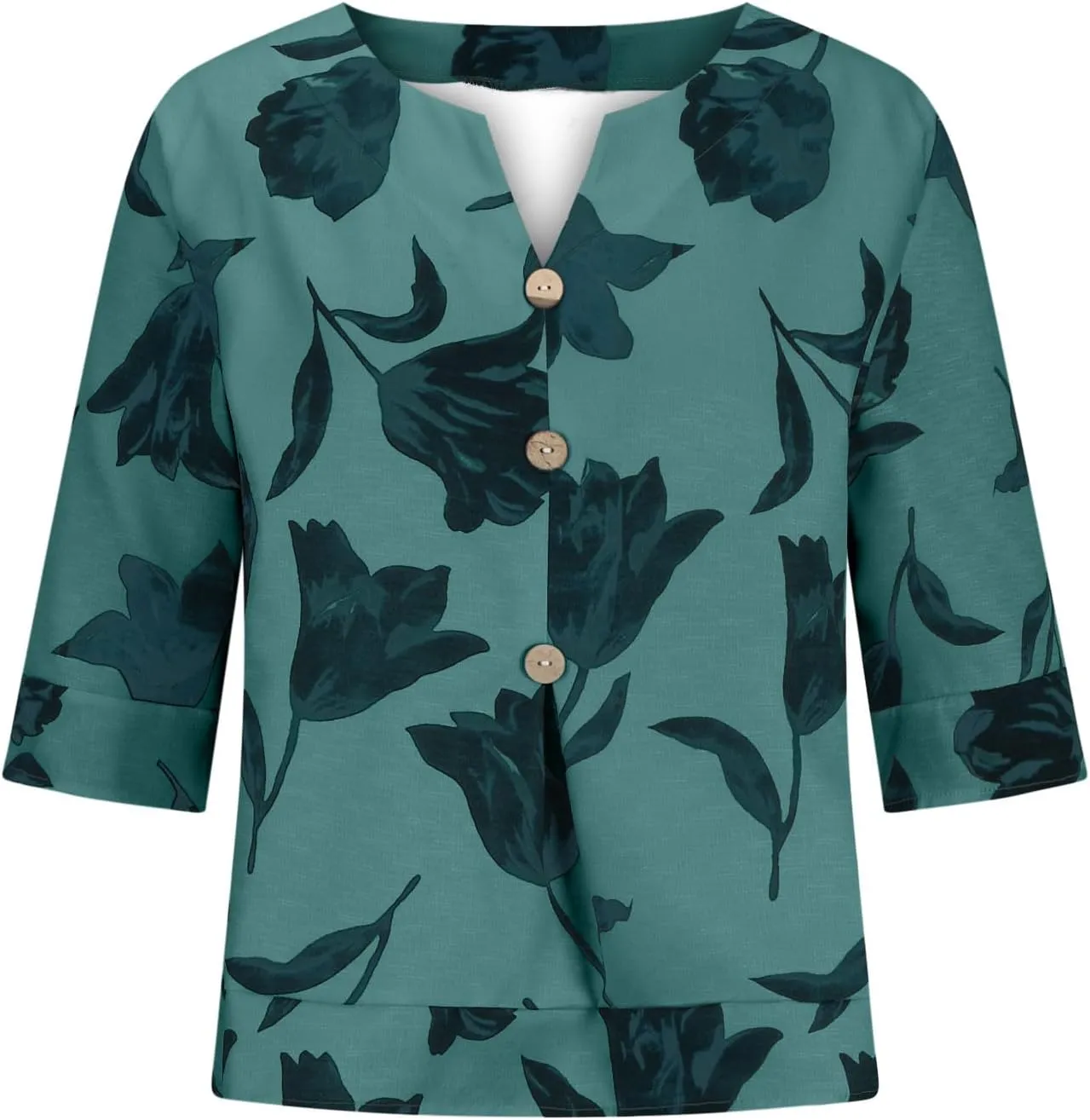 Linen Shirts for Women Button V Neck 3/4 Sleeve Cotton Linen Shirt Blouse Floral Loose Summer Vacation Beach Tee Top