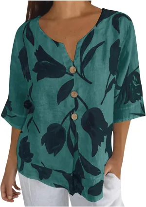 Linen Shirts for Women Button V Neck 3/4 Sleeve Cotton Linen Shirt Blouse Floral Loose Summer Vacation Beach Tee Top