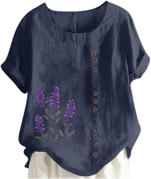 Linen Shirts for Women Printed Short Sleeve Button T-Shirt Blouse Top Casual Crewneck Cotton Linen Tee Shirts Blouses