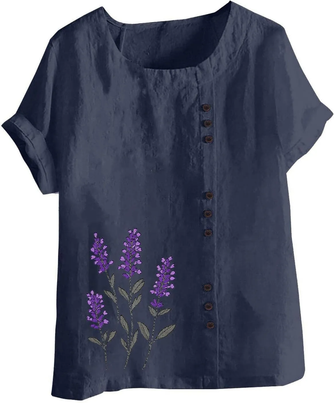 Linen Shirts for Women Printed Short Sleeve Button T-Shirt Blouse Top Casual Crewneck Cotton Linen Tee Shirts Blouses