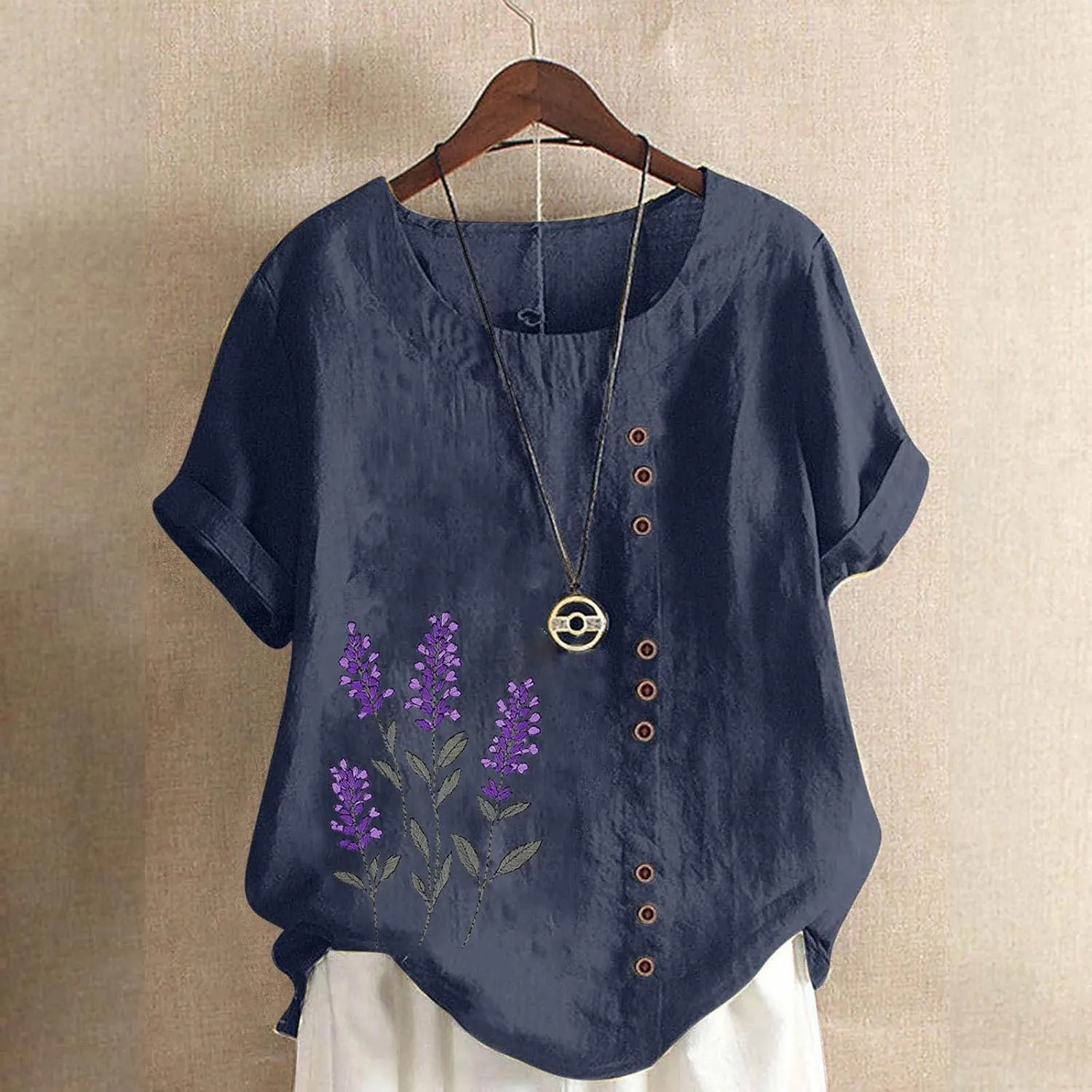 Linen Shirts for Women Printed Short Sleeve Button T-Shirt Blouse Top Casual Crewneck Cotton Linen Tee Shirts Blouses