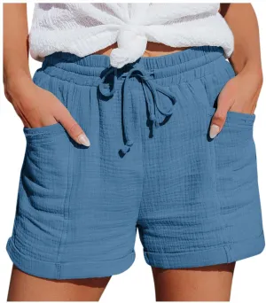 Linen Shorts for Women Elastic Waist Drawstring Shorts Summer Casual Lightweight Lounge Beach Shorts with Pockets