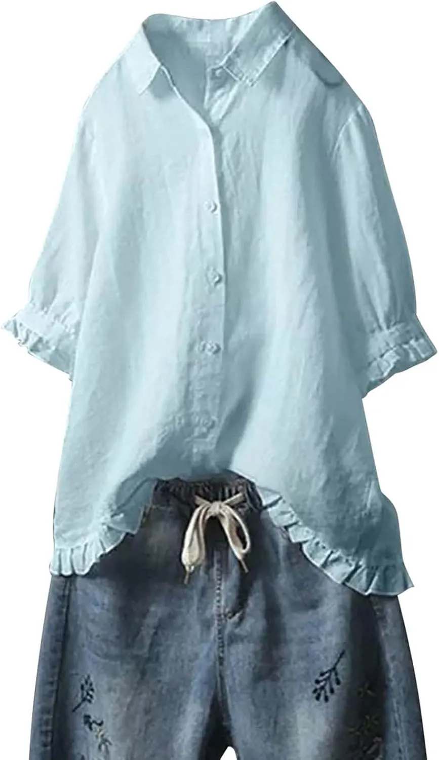 Linen Tops for Women 3/4 Sleeve Lapel Neck T Shirts Button Down Tee Shirts Solid Color Ruffle Cotton Linen Tunic Top