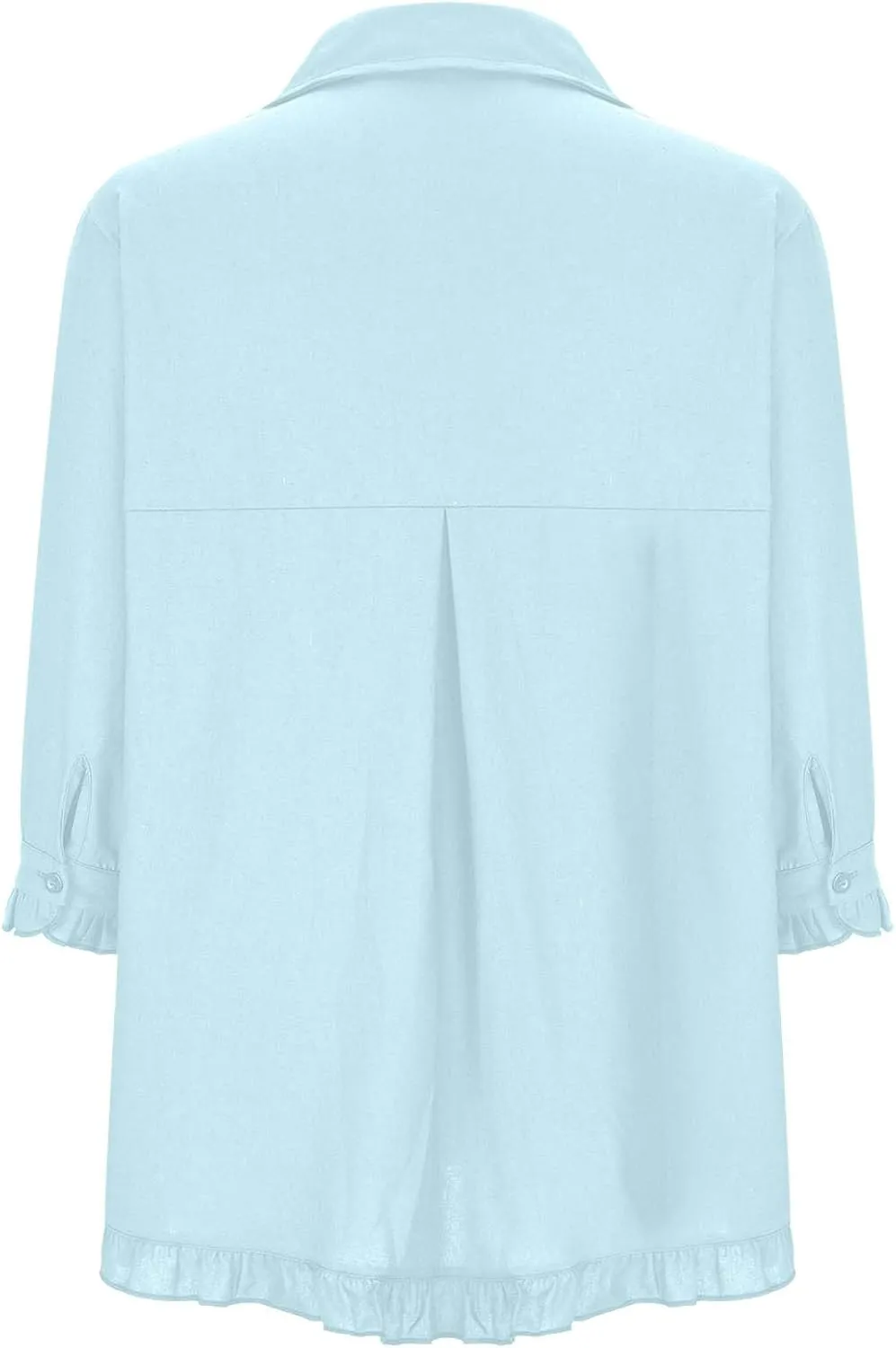 Linen Tops for Women 3/4 Sleeve Lapel Neck T Shirts Button Down Tee Shirts Solid Color Ruffle Cotton Linen Tunic Top