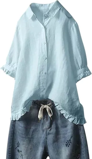 Linen Tops for Women 3/4 Sleeve Lapel Neck T Shirts Button Down Tee Shirts Solid Color Ruffle Cotton Linen Tunic Top