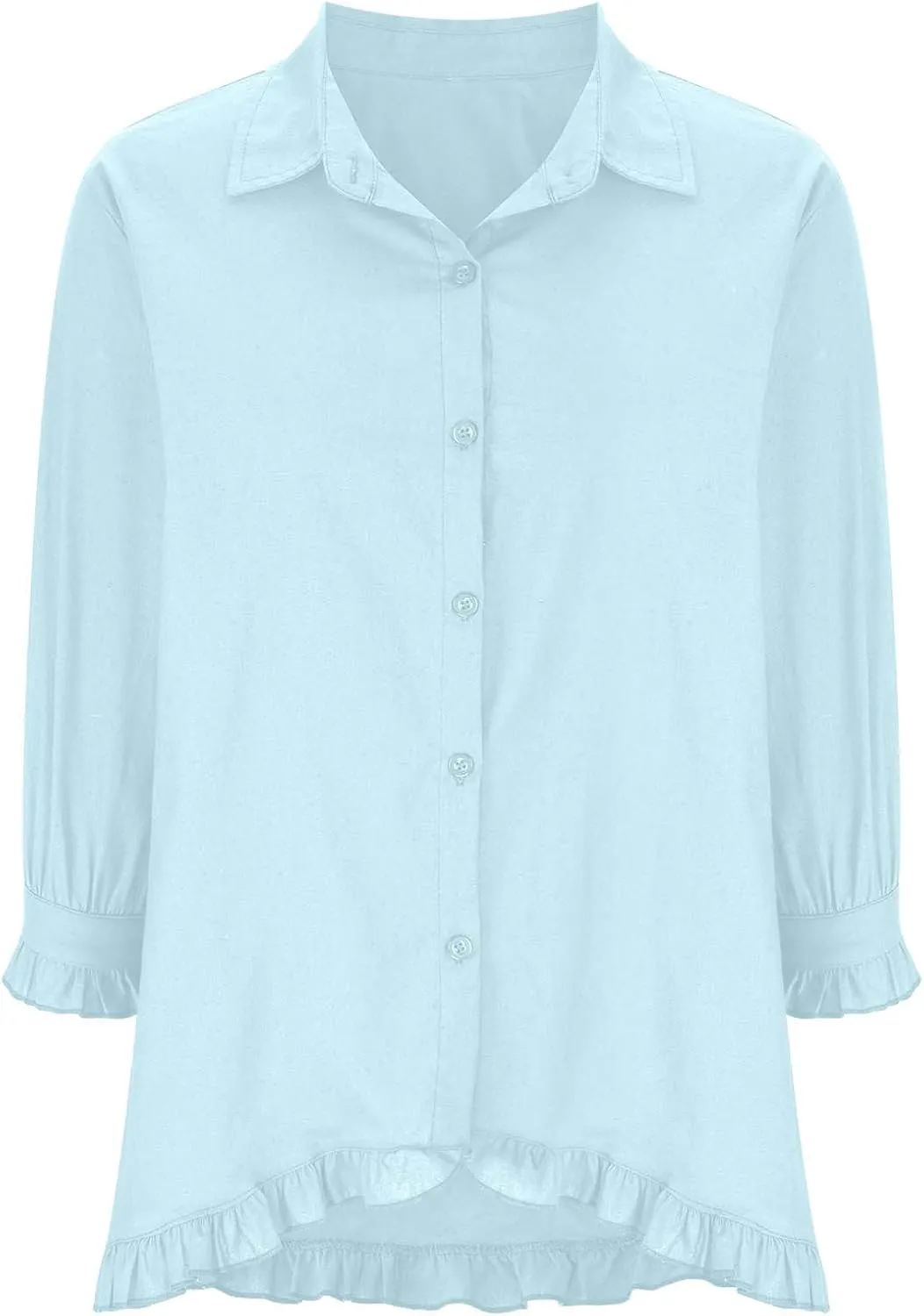 Linen Tops for Women 3/4 Sleeve Lapel Neck T Shirts Button Down Tee Shirts Solid Color Ruffle Cotton Linen Tunic Top