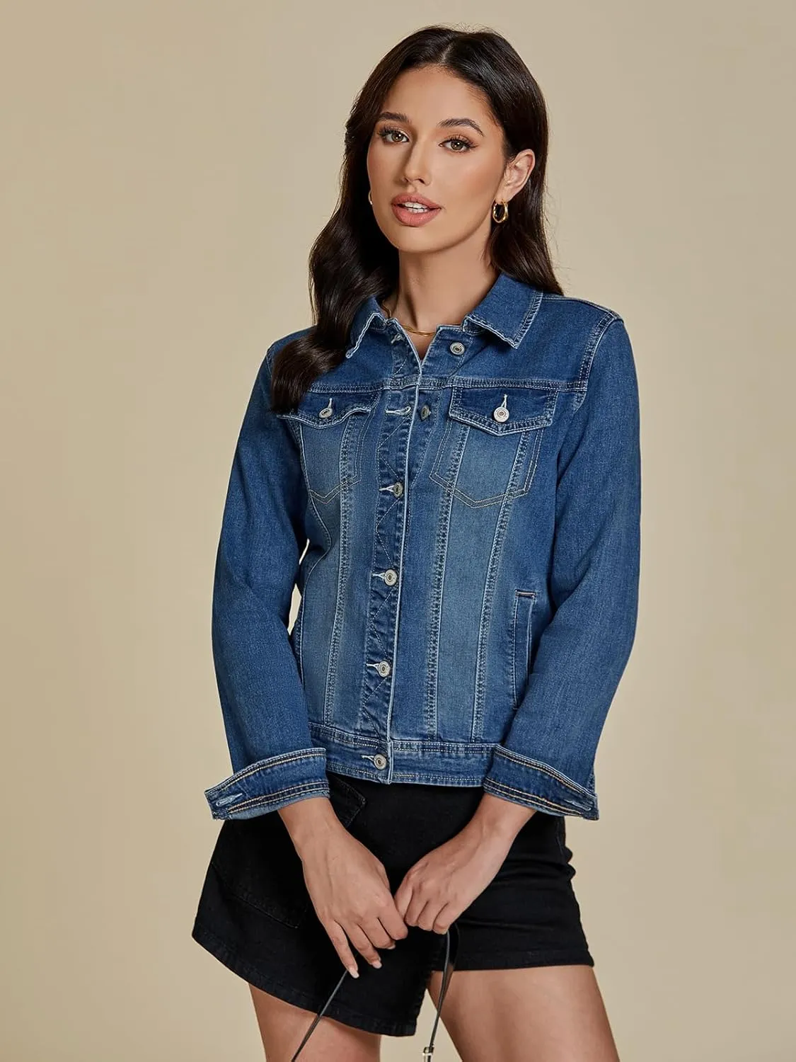 luvamia Women's Basic Button Down Stretch Fitted Long Sleeves Denim Jean Jacket