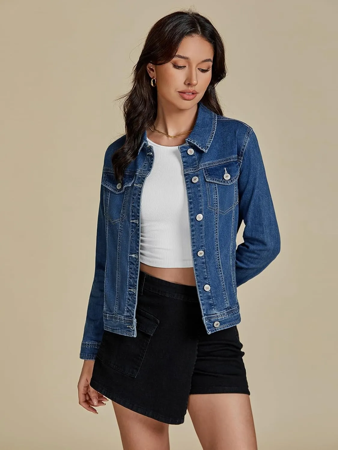 luvamia Women's Basic Button Down Stretch Fitted Long Sleeves Denim Jean Jacket