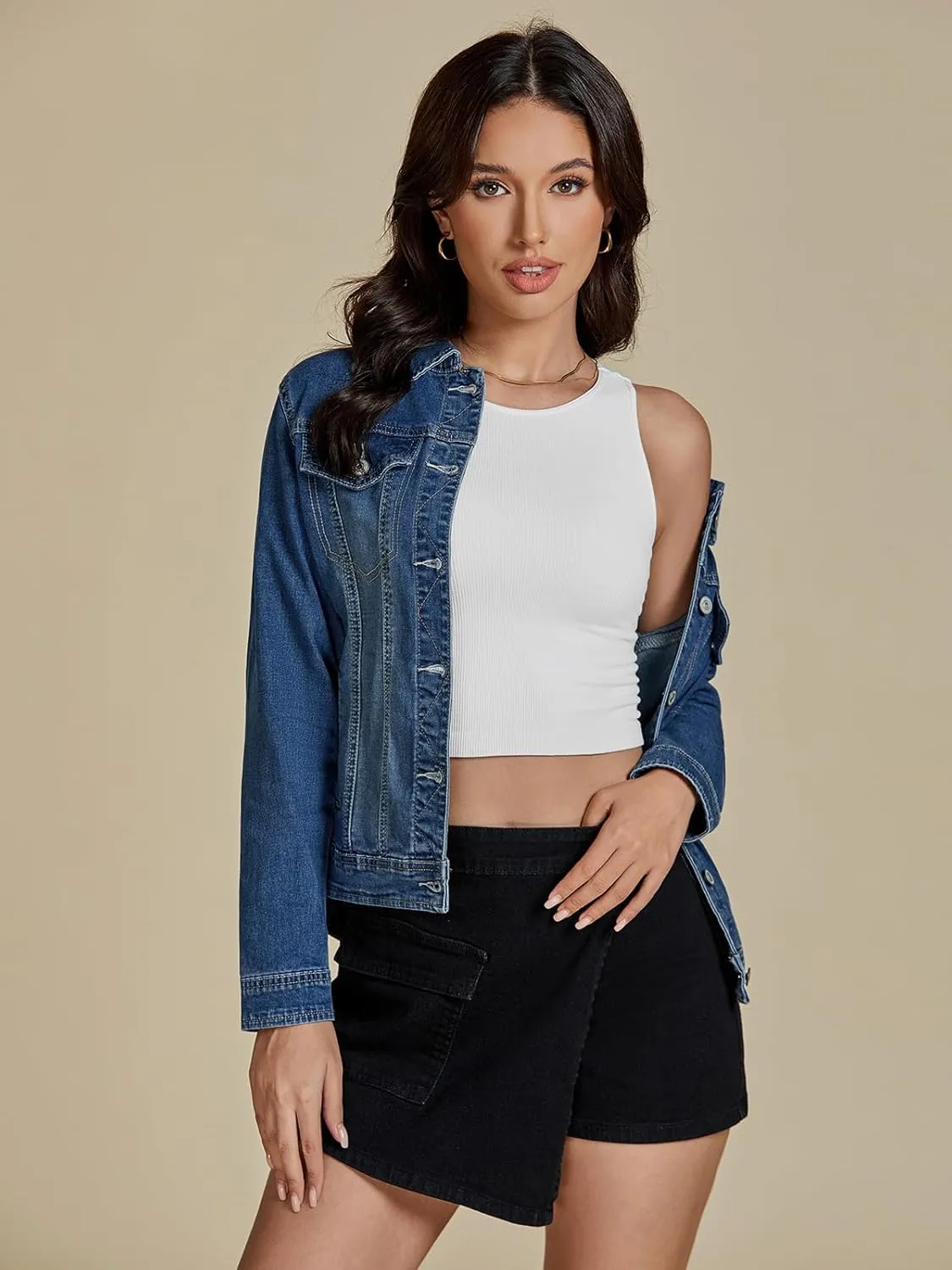 luvamia Women's Basic Button Down Stretch Fitted Long Sleeves Denim Jean Jacket