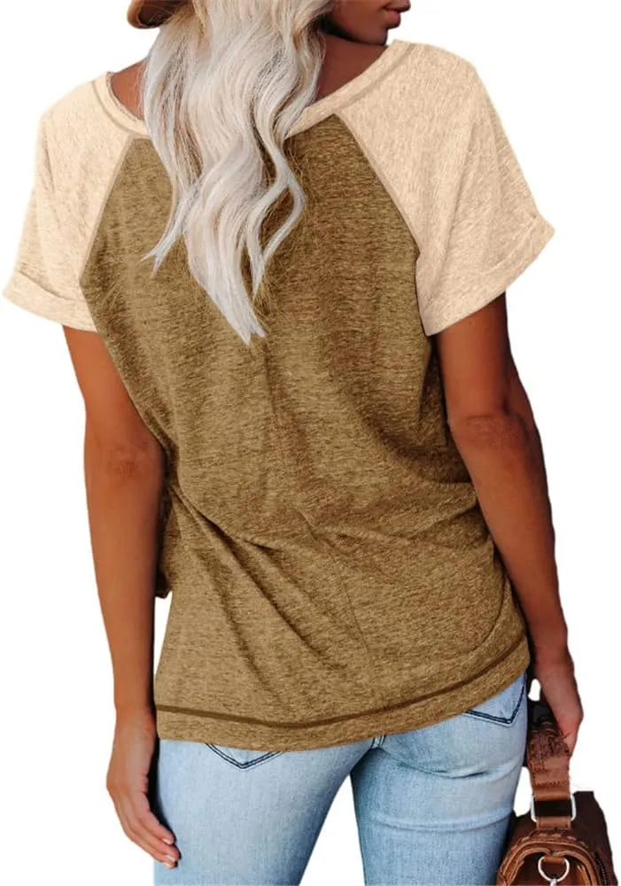 MaQiYa Womens V Neck Basic Tops Color Block Tunic T Shirts Summer Short Sleeve Casual Cotton Tees Shirts