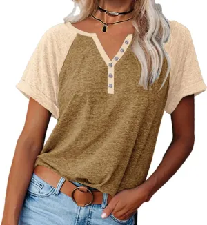 MaQiYa Womens V Neck Basic Tops Color Block Tunic T Shirts Summer Short Sleeve Casual Cotton Tees Shirts