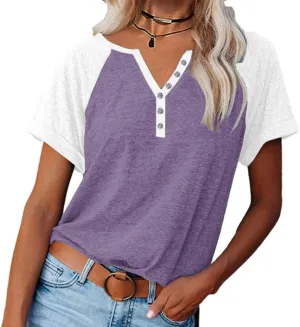MaQiYa Womens V Neck Basic Tops Color Block Tunic T Shirts Summer Short Sleeve Casual Cotton Tees Shirts