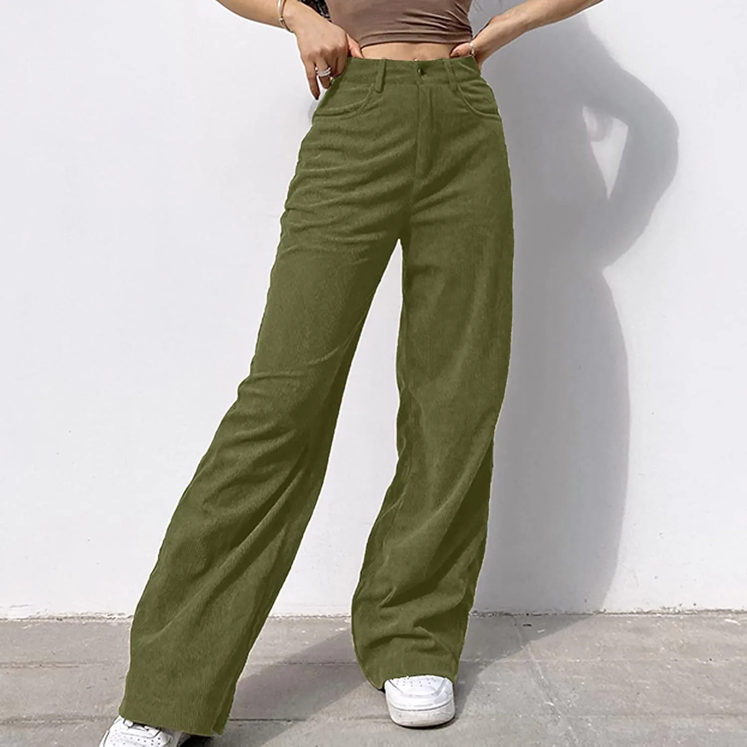 Maryia Women's High Waisted Corduroy Solid Pants Hipster Wide Leg Casual Trousers Straight Lounge Baggy Sweatpants