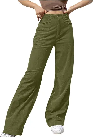 Maryia Women's High Waisted Corduroy Solid Pants Hipster Wide Leg Casual Trousers Straight Lounge Baggy Sweatpants