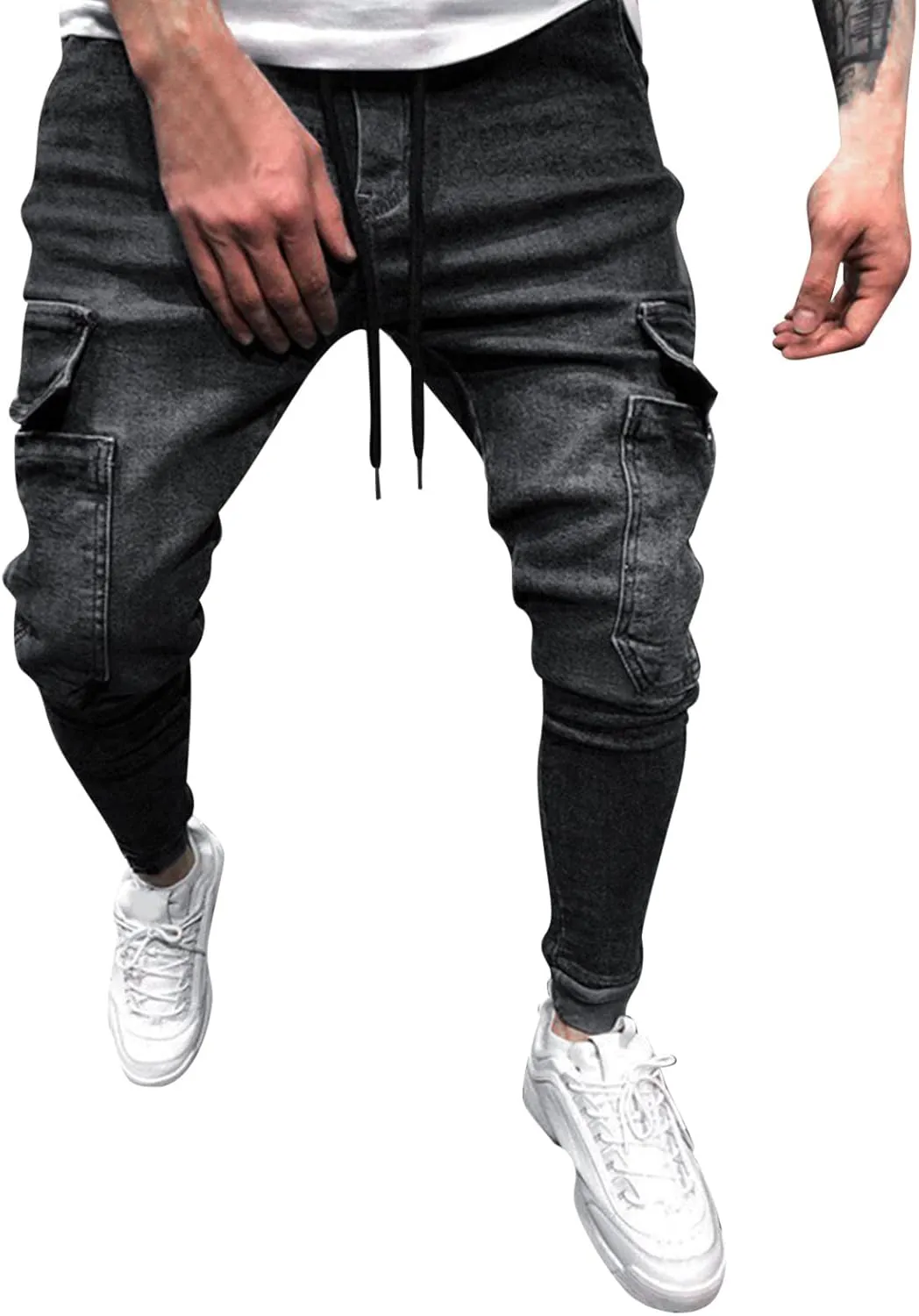 Means Jeans Casual Pocket Drawstring Waist Solid Color Slim Toe Jeans Pants Flex Waist Jean Men's Lightweight Jeans