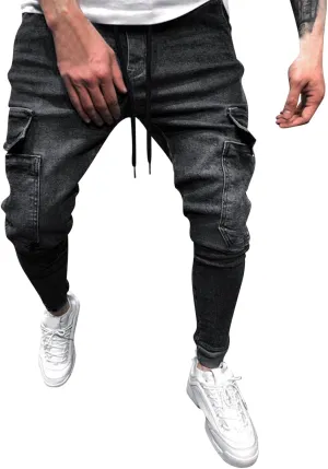 Means Jeans Casual Pocket Drawstring Waist Solid Color Slim Toe Jeans Pants Flex Waist Jean Men's Lightweight Jeans