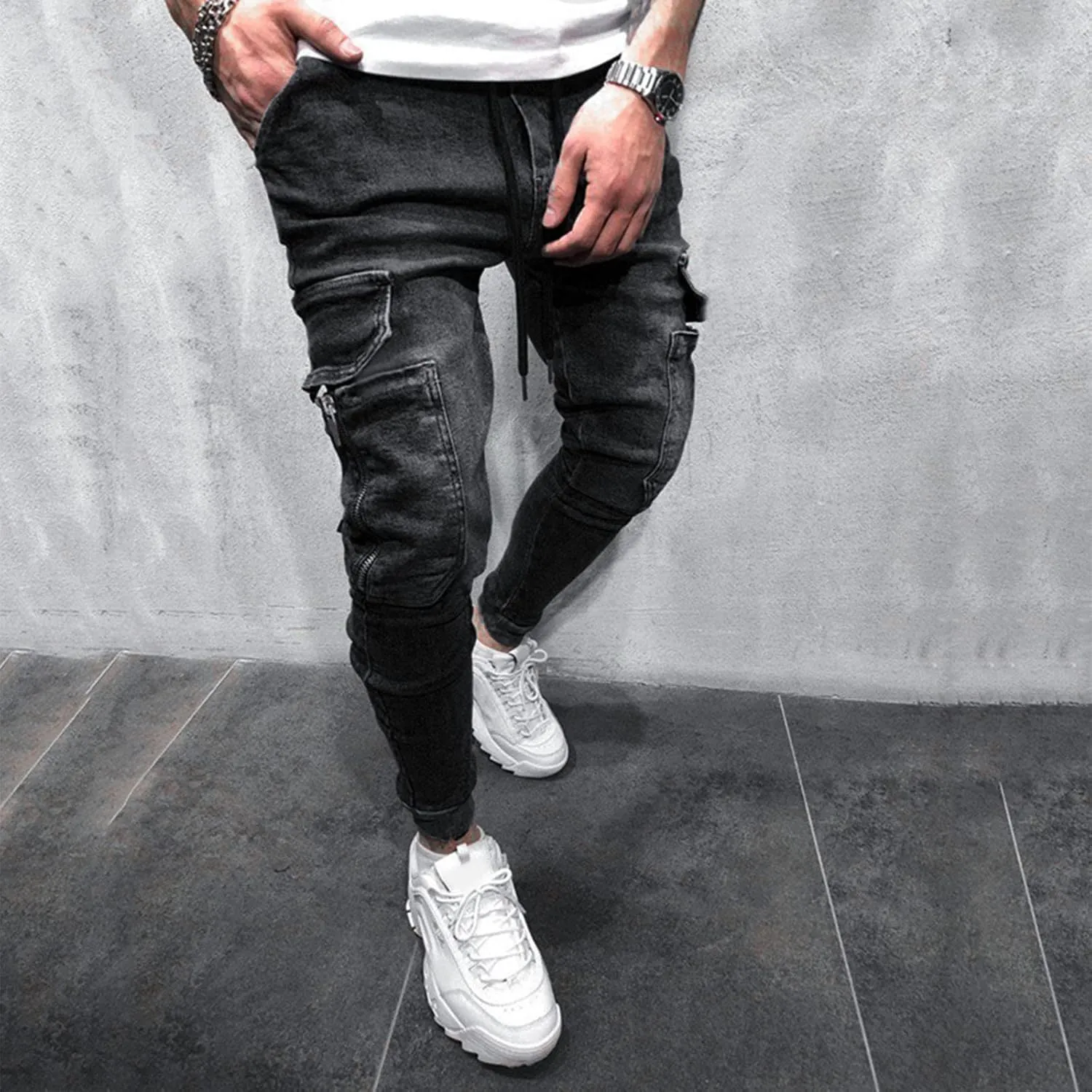 Means Jeans Casual Pocket Drawstring Waist Solid Color Slim Toe Jeans Pants Flex Waist Jean Men's Lightweight Jeans