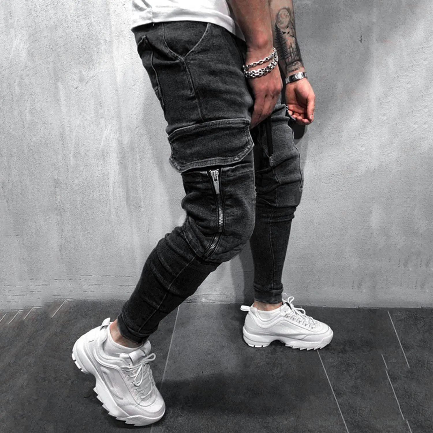 Means Jeans Casual Pocket Drawstring Waist Solid Color Slim Toe Jeans Pants Flex Waist Jean Men's Lightweight Jeans