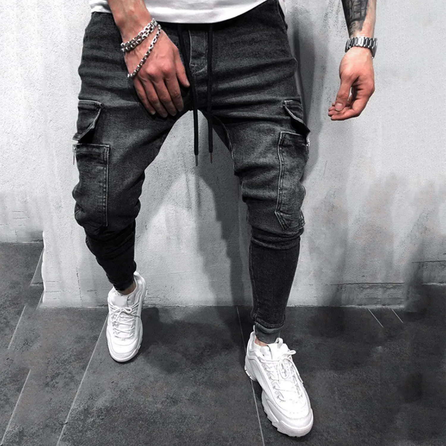 Means Jeans Casual Pocket Drawstring Waist Solid Color Slim Toe Jeans Pants Flex Waist Jean Men's Lightweight Jeans