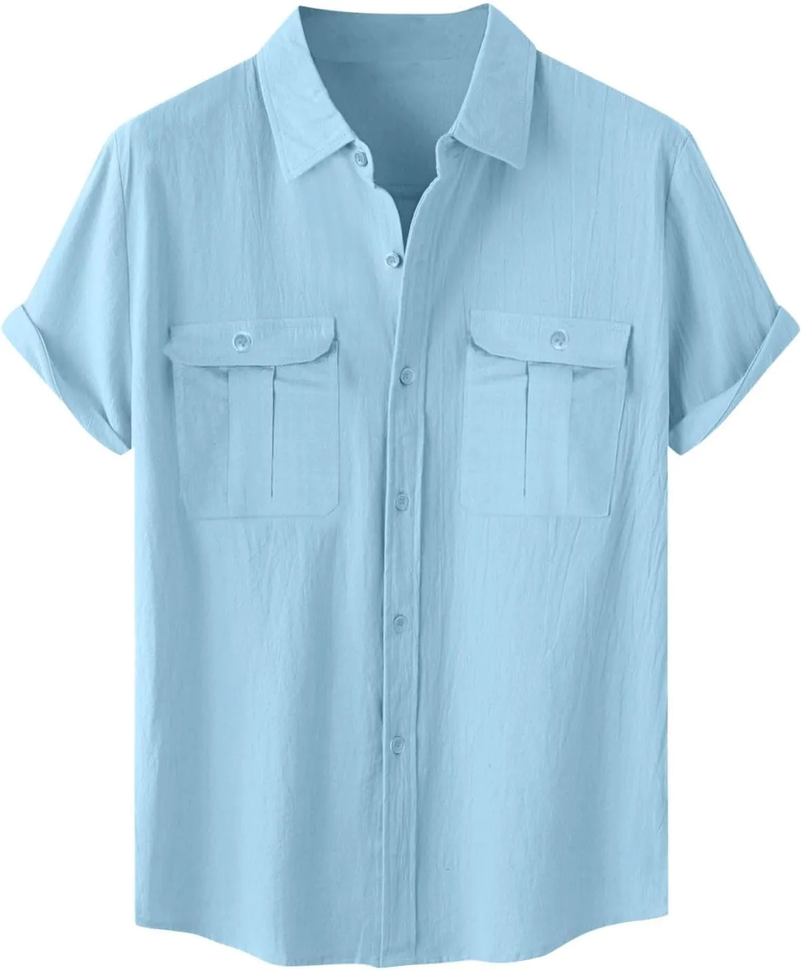 Men Cotton Linen Shirts Summer Short Sleeve Tops Vacation Casual Blouse with Double Pockets Solid Color Tees