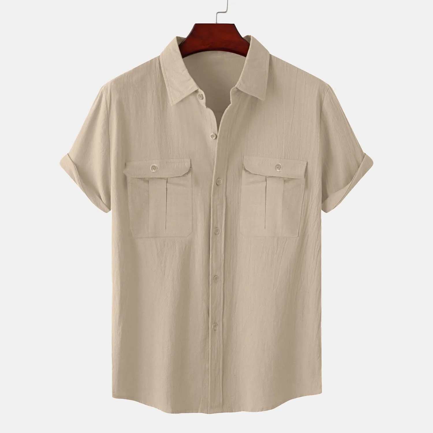 Men Cotton Linen Shirts Summer Short Sleeve Tops Vacation Casual Blouse with Double Pockets Solid Color Tees