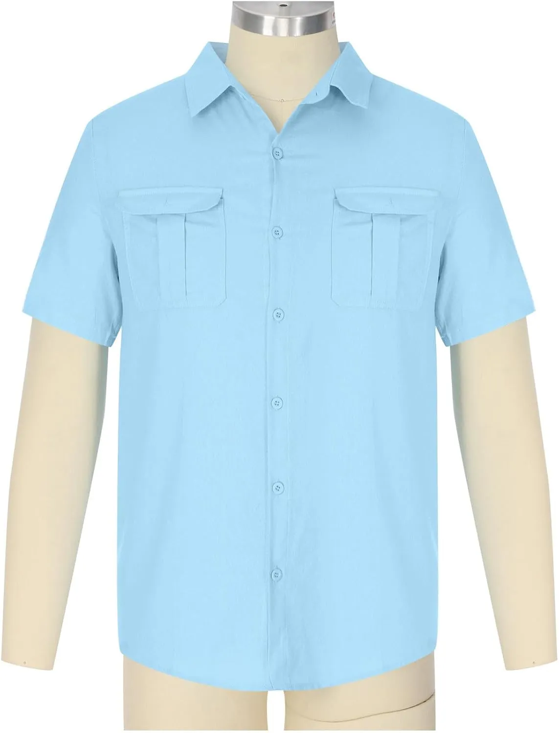 Men Cotton Linen Shirts Summer Short Sleeve Tops Vacation Casual Blouse with Double Pockets Solid Color Tees