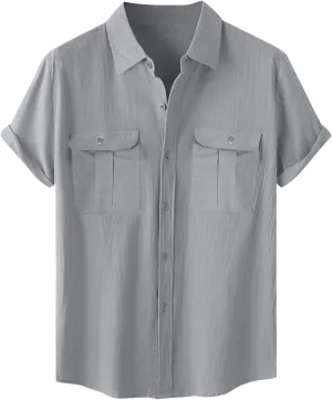 Men Cotton Linen Shirts Summer Short Sleeve Tops Vacation Casual Blouse with Double Pockets Solid Color Tees