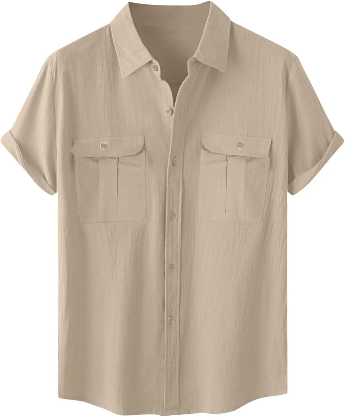 Men Cotton Linen Shirts Summer Short Sleeve Tops Vacation Casual Blouse with Double Pockets Solid Color Tees