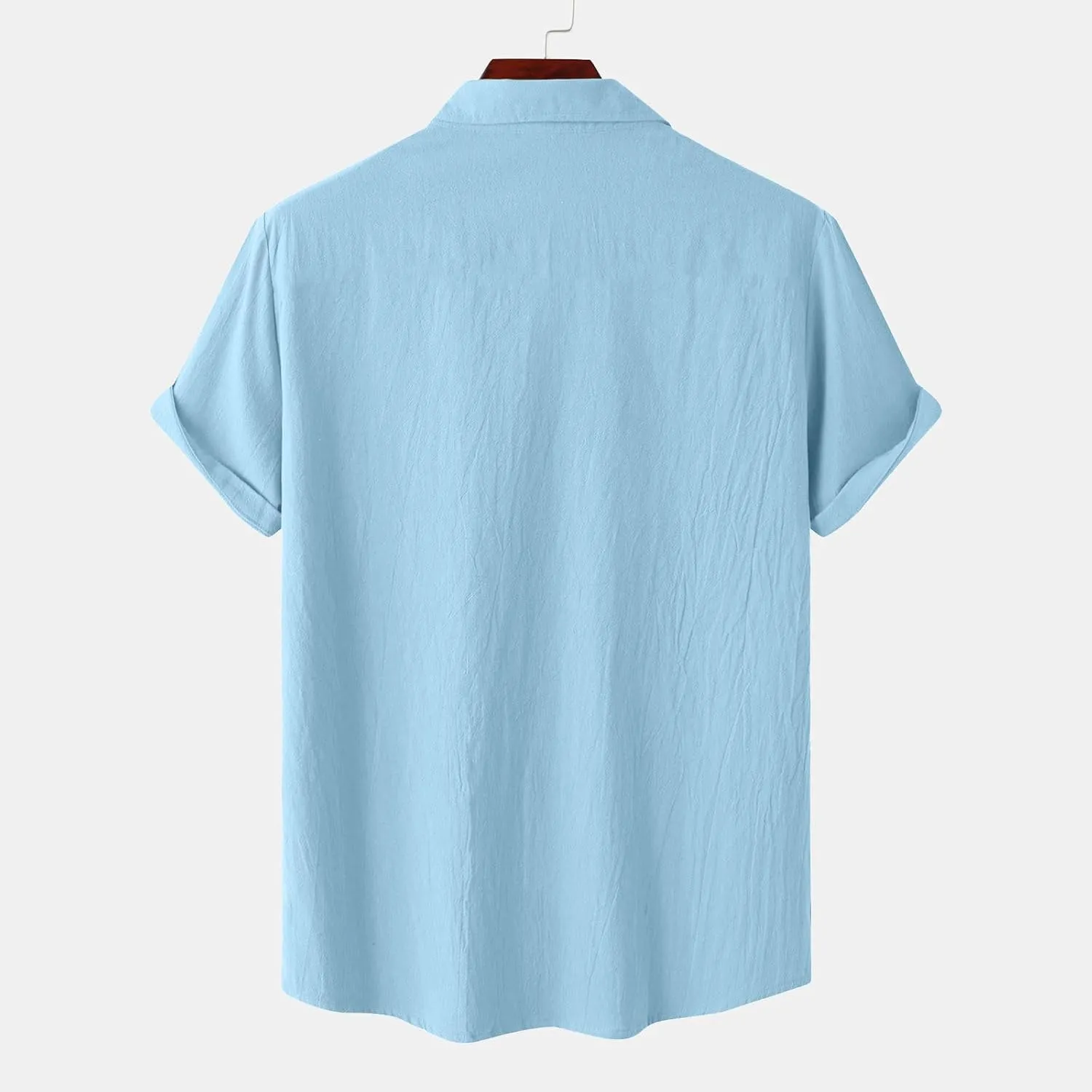 Men Cotton Linen Shirts Summer Short Sleeve Tops Vacation Casual Blouse with Double Pockets Solid Color Tees