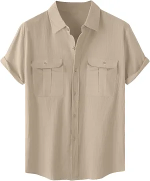 Men Cotton Linen Shirts Summer Short Sleeve Tops Vacation Casual Blouse with Double Pockets Solid Color Tees