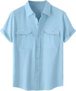 Men Cotton Linen Shirts Summer Short Sleeve Tops Vacation Casual Blouse with Double Pockets Solid Color Tees