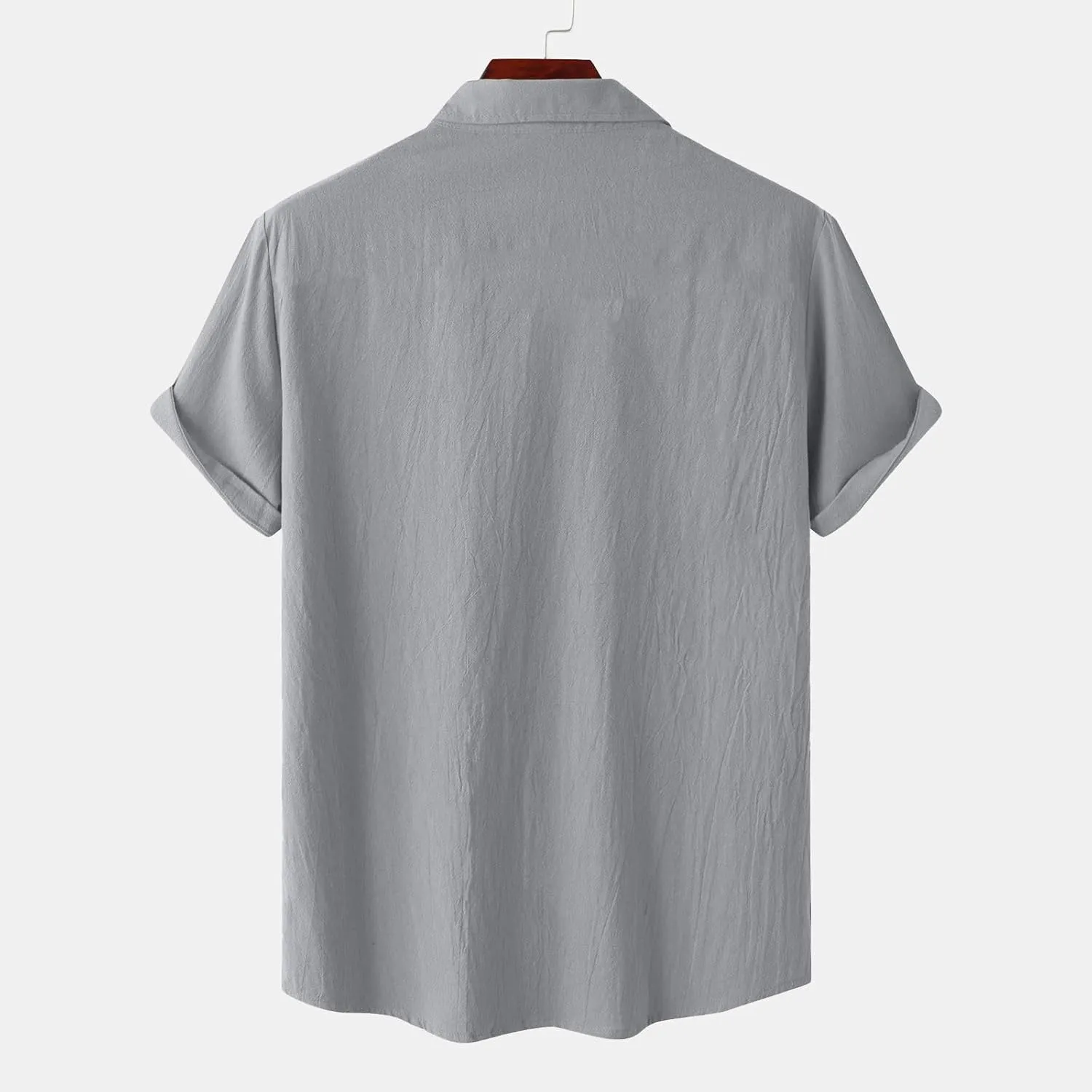 Men Cotton Linen Shirts Summer Short Sleeve Tops Vacation Casual Blouse with Double Pockets Solid Color Tees