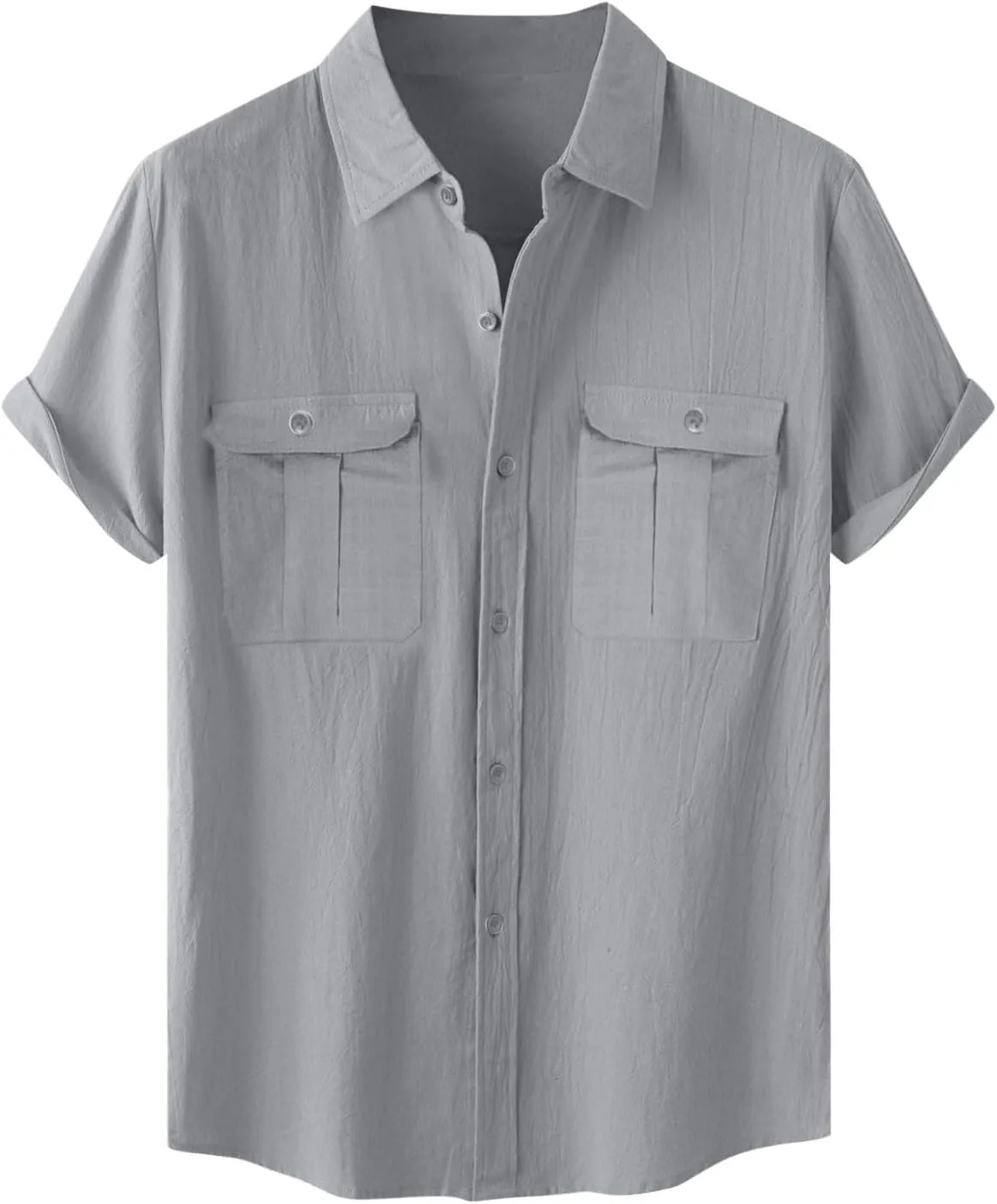 Men Cotton Linen Shirts Summer Short Sleeve Tops Vacation Casual Blouse with Double Pockets Solid Color Tees