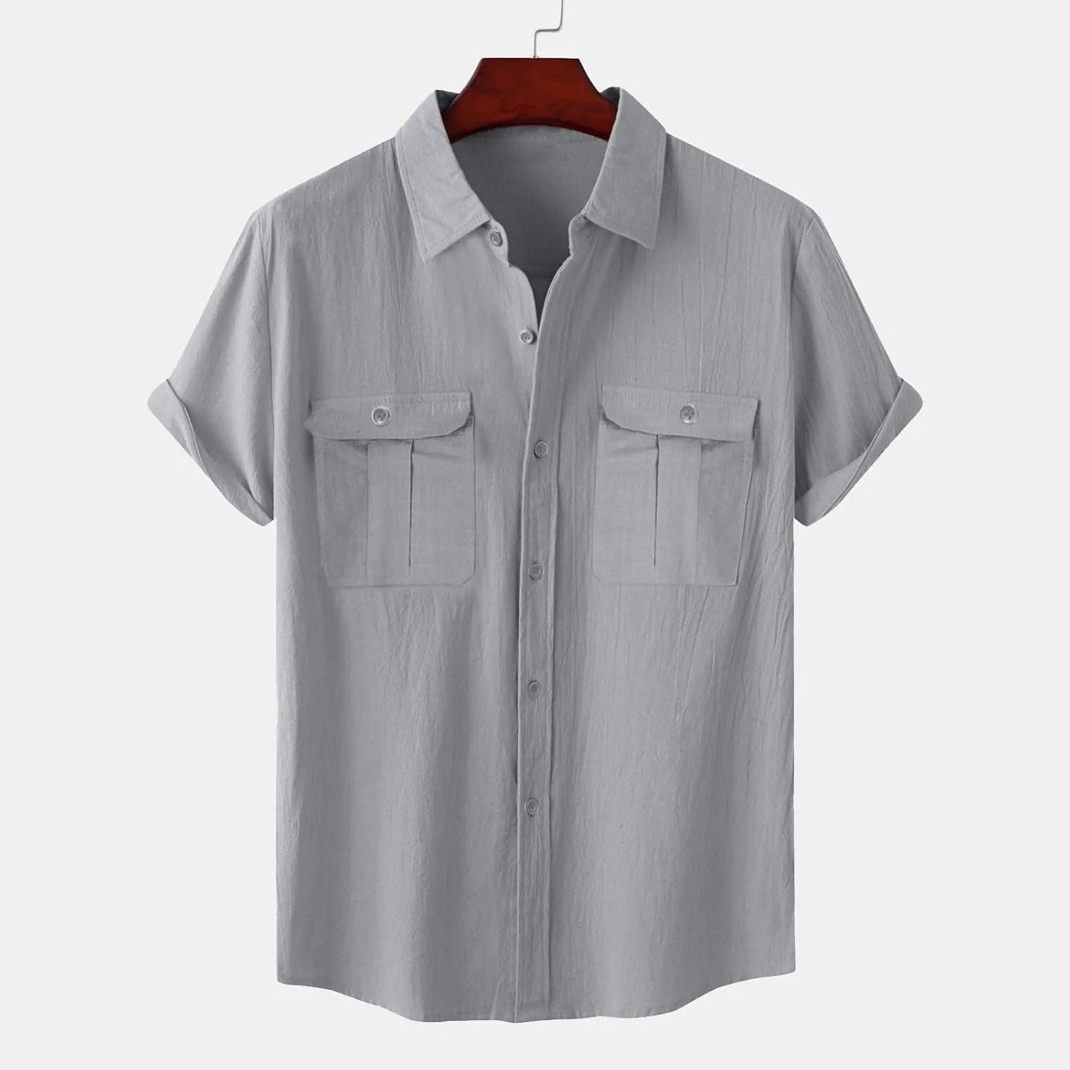Men Cotton Linen Shirts Summer Short Sleeve Tops Vacation Casual Blouse with Double Pockets Solid Color Tees