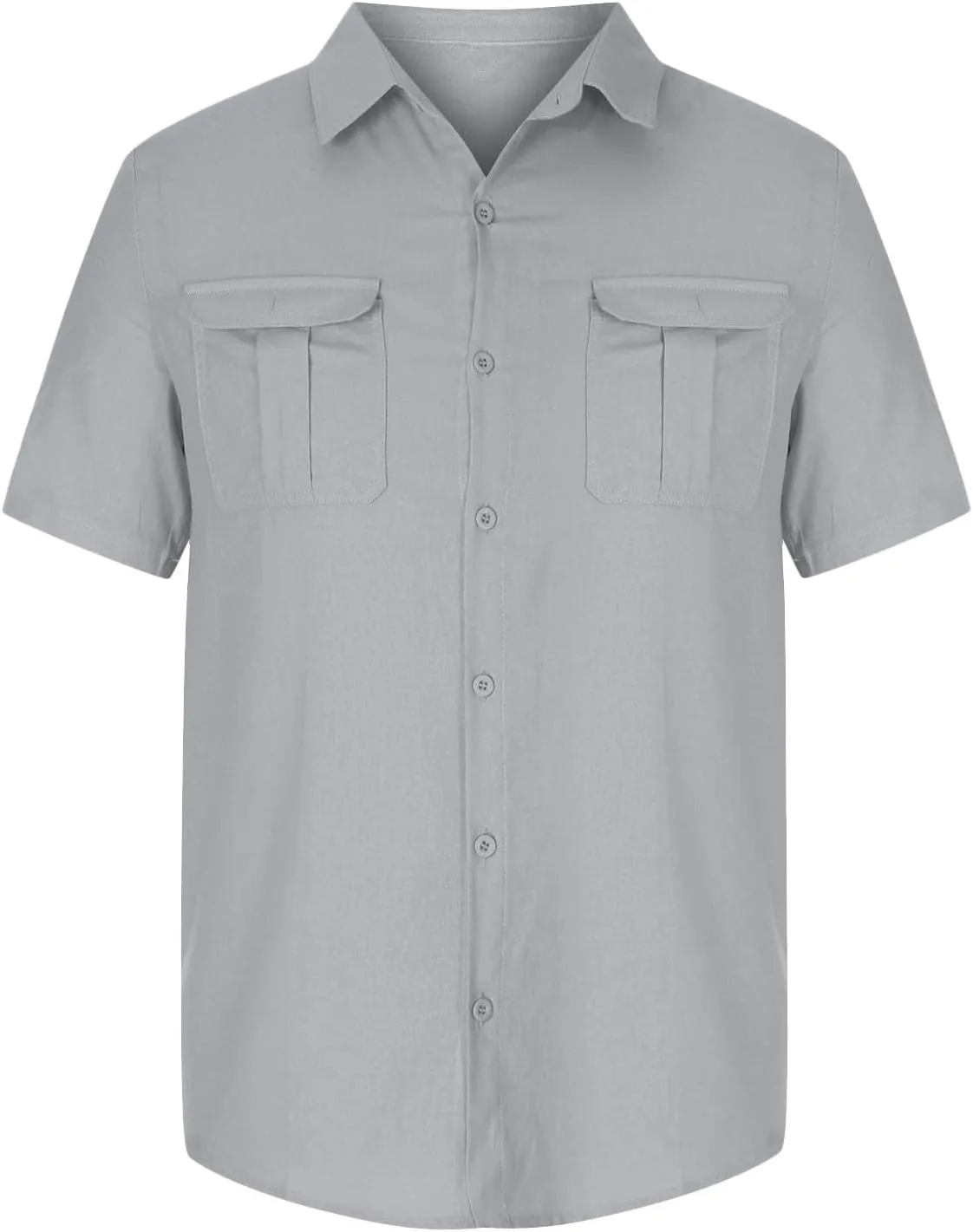 Men Cotton Linen Shirts Summer Short Sleeve Tops Vacation Casual Blouse with Double Pockets Solid Color Tees