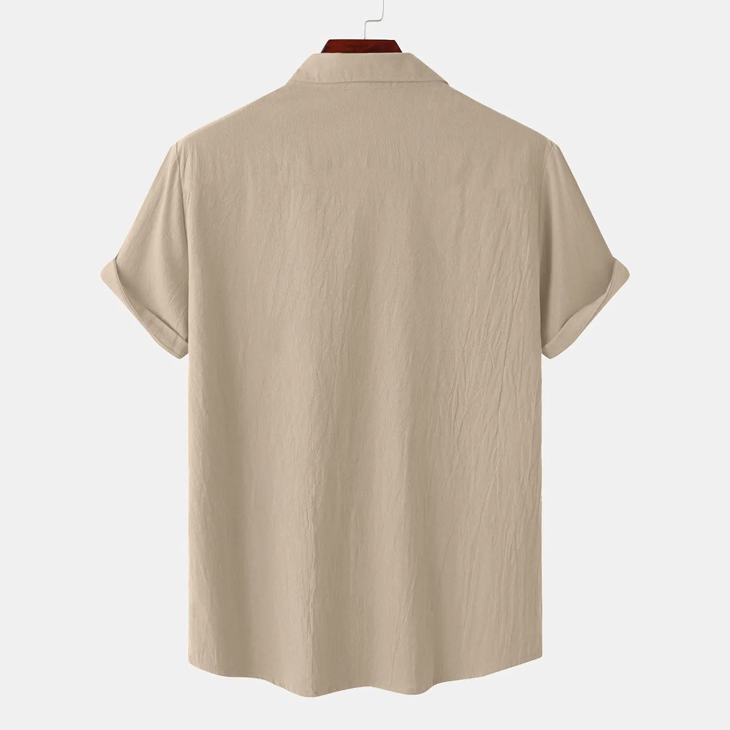 Men Cotton Linen Shirts Summer Short Sleeve Tops Vacation Casual Blouse with Double Pockets Solid Color Tees