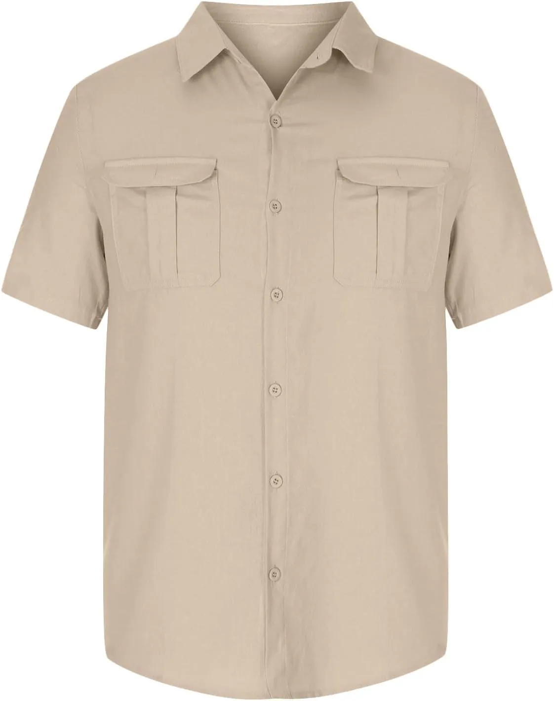 Men Cotton Linen Shirts Summer Short Sleeve Tops Vacation Casual Blouse with Double Pockets Solid Color Tees