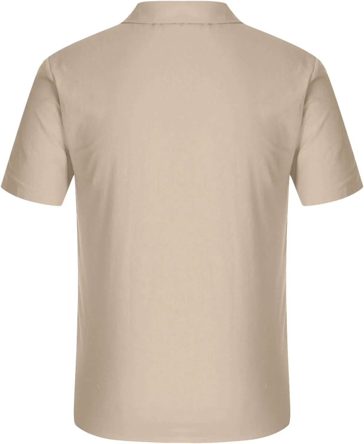 Men Cotton Linen Shirts Summer Short Sleeve Tops Vacation Casual Blouse with Double Pockets Solid Color Tees