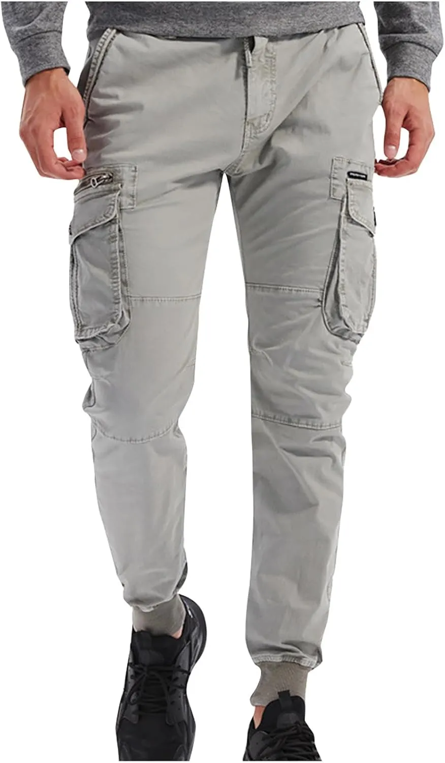 Mens Cargo Pants Multi Pockets Hiking Pants Cotton Stretch Elastic Waist Lightweight Trousers Outdoor Casual Pants