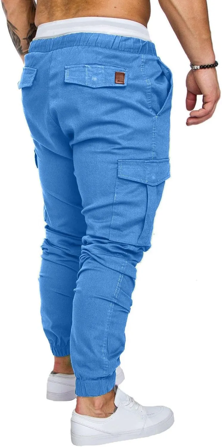 Mens Cargo Pants Slim Fit Drawstring Stretch Joggers Tapered Causal Fashion Solid Athletic Sweatpants Fall Trousers