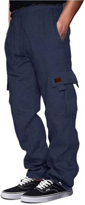 Men's Cargo Sweatpants Heavyweight Fleece Joggers Loose Fit Open Bottom Workout Athletic Pants with Pockets