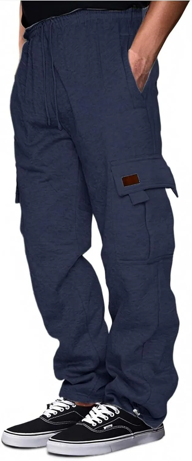 Men's Cargo Sweatpants Heavyweight Fleece Joggers Loose Fit Open Bottom Workout Athletic Pants with Pockets