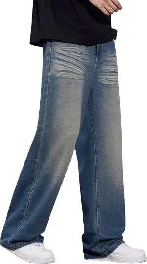 Men's Casual Fashion Wide Leg Wash Jeans Baggy Leg Vintage Solid Color Straight Jeans